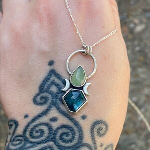 Elegant Silver Necklace with Green and Blue Gemstones